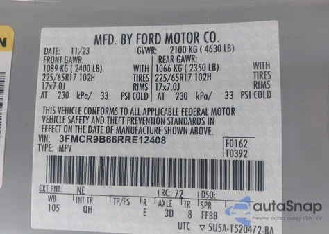 2024 Ford Bronco Sport Big Bend z USA, uszkodzony, nr VIN 3FMCR9B66RRE12408